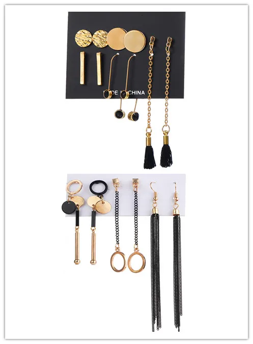 1Set Vintage Geometric Stud Earrings For Woman Fashion Contrast Tassel Round Gold Black Color Earrings Set Jewelry