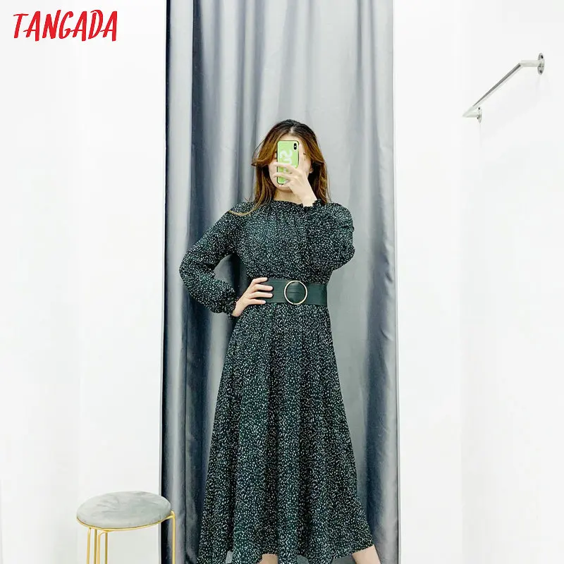 Tangada, модное женское платье в зеленый горошек с поясом, стоячий воротник, длинный рукав, женское свободное платье миди, Vestidos XN16