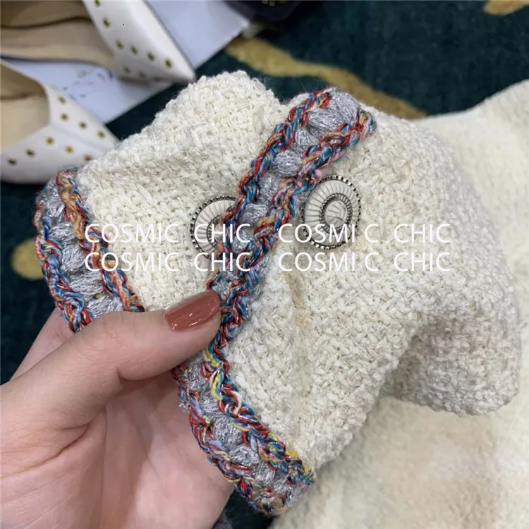 Cosmicchic, женская элегантная короткая куртка, белая, с круглым вырезом, для офиса, для девушек, с длинным рукавом, короткая, с сетчатой подкладкой, подиум, твидовое пальто с карманами