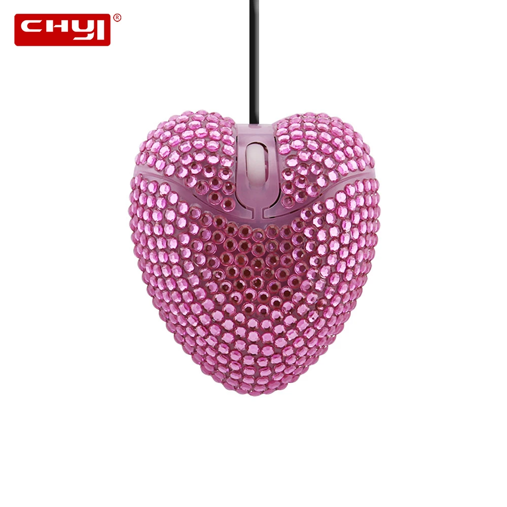 

CHYI Wired Computer Mouse USB Optical Cute Pink Love Heart With Diamond Super Slim PC Mause 3D For Friends Girls Kids For Laptop