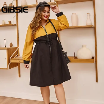 

GIBSIE Women Color Block O-Ring Zip Midi Dress Plus Size Female Drawstring Waist Dresses Lapel Long Sleeve Casual A-Line Dress