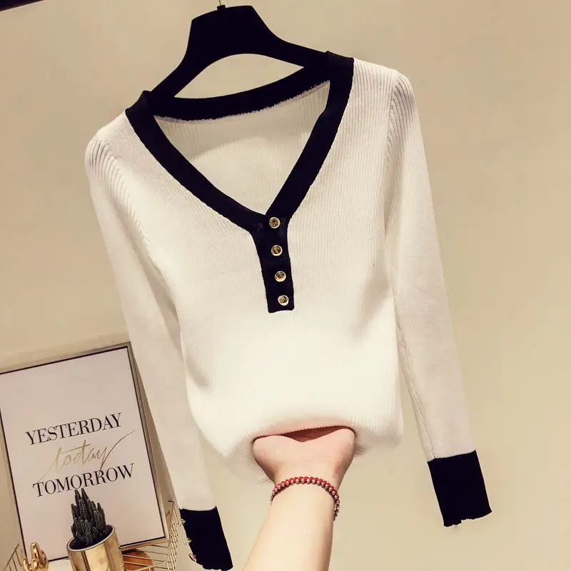 

White Knit Coat Button Pullover Low V Collar Women Sweater Women's T-shirt Sweaters for Girl Pull Slim Top Cloth Shirt Clothes