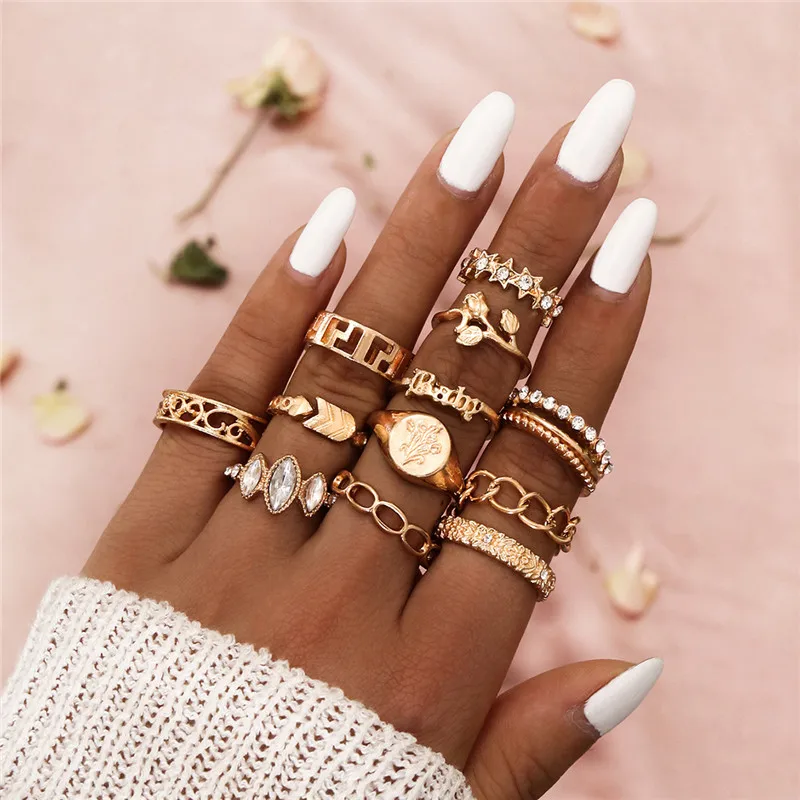 

LETAPI 12pcs/set Gold Color Bohemia Wedding Rings Set Fashion Geometric Flower Star Arrow Hollow Crystal Knuckle Ring for Woman