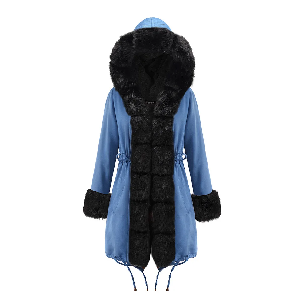 19D014-BLUE Зимнее женское пальто с большим шерстяным воротником, стиль, модные теплые женские пальто, повседневная куртка с капюшоном и камуфляжным принтом, пальто для женщин - Цвет: 19D014-BLUE
