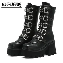 Gxcmhbwj-botas femininas estilo punk goth, plataforma, bico redondo, fivela, zíper, cano médio, feminino, para outono e inverno