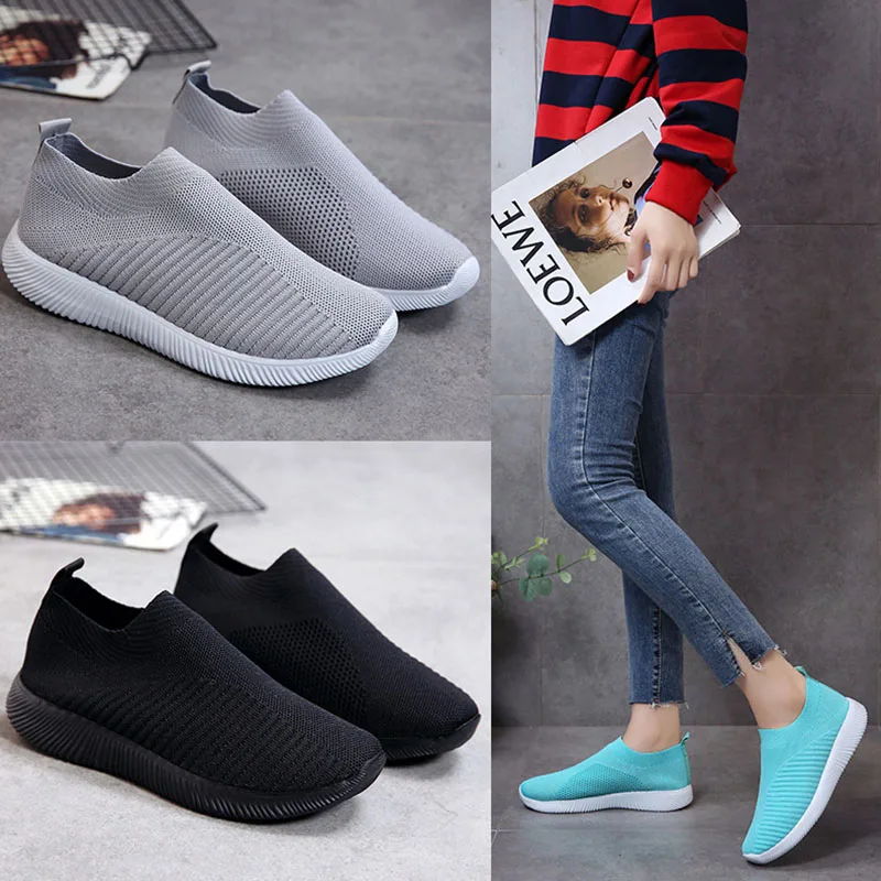 

2019 Fashion Women Knitted Air Mesh Flat Shoes Casual Slip On Sock Sneakers Light Breathable Round Toe Platform Shoes SE5006