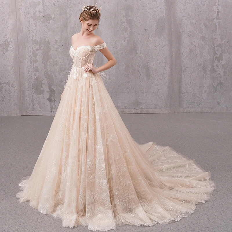 SSYFashion Новое романтическое свадебное платье цвета шампанского для невесты, вырез лодочкой, Кружевная аппликация, шлейф, Длинные свадебные халаты, Vestido De Novia