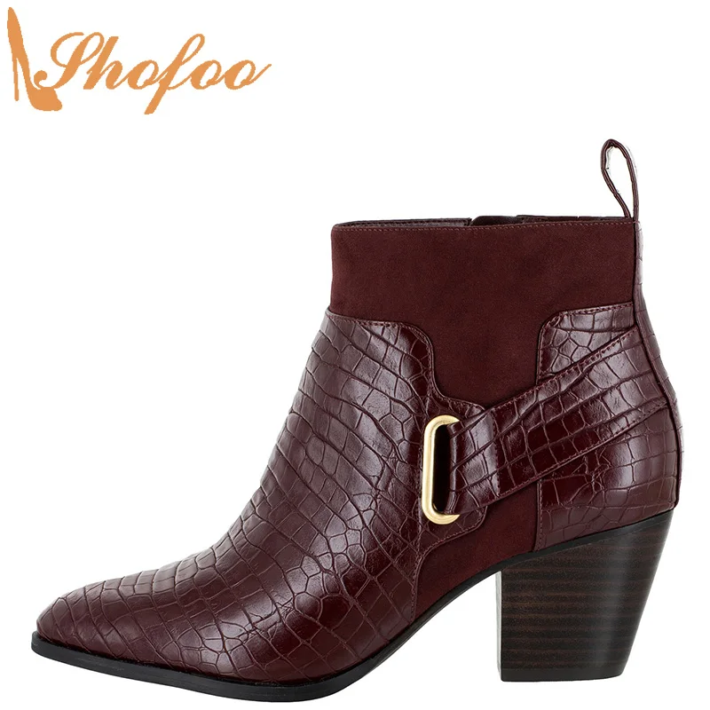 Бордовые ботильоны на высоком массивном каблуке с острым носком; женская модная обувь на молнии для зрелых женщин; большие размеры 13, 15; Shofoo Бордовые ботильоны на высоком массивном каблуке с острым носком; женская модная обувь на молнии для зрелых женщин; большие размеры 13, 15; Shofoo