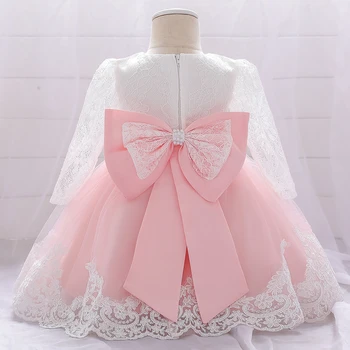 Abiti da bambina abiti da festa in pizzo a maniche lunghe per bambina e matrimonio con fiocco grande abito da principessa per il 1 ° compleanno