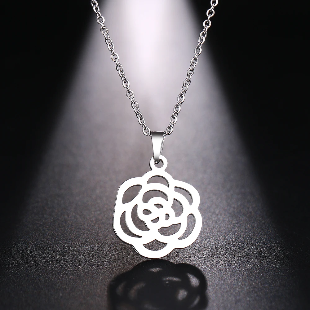 

DOTIFI Stainless Steel Necklace For Women Rose Hollw Pattern Choker Pendant Necklace Engagement Jewelry