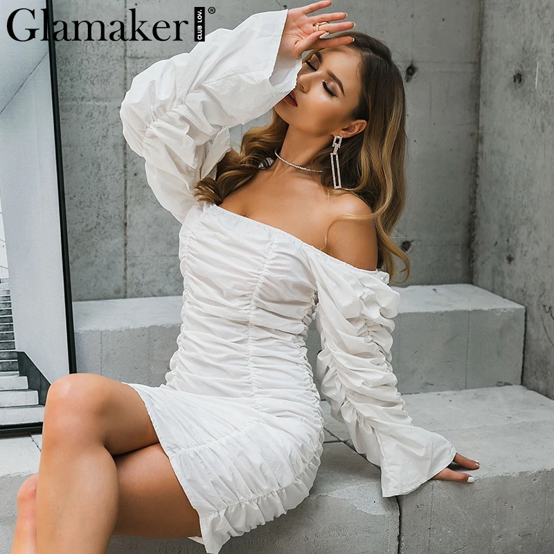 Glamaker Плиссированное короткое белое платье Летний стиль 2019 сексуальное с