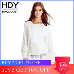 HDY Haoduoyi Women Fashion White Skeleton Print Sweatshirt Casual Steetwear Long Sleeve Crop Top Pullovers Sweats Sweatshirts