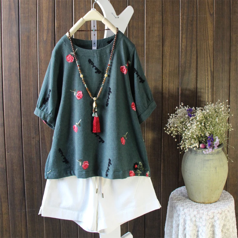 Dark Green Женская футболка с вышитыми розами и буквами; винтажные топы из хлопка и льна с коротким рукавом; Повседневная летняя футболка; Женская свободная футболка - Цвет: Dark Green