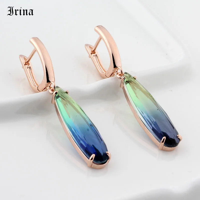 Rose Gold Long Earrings Water Drop Colorful Natural Zirconia Dangle Jewelry Gift