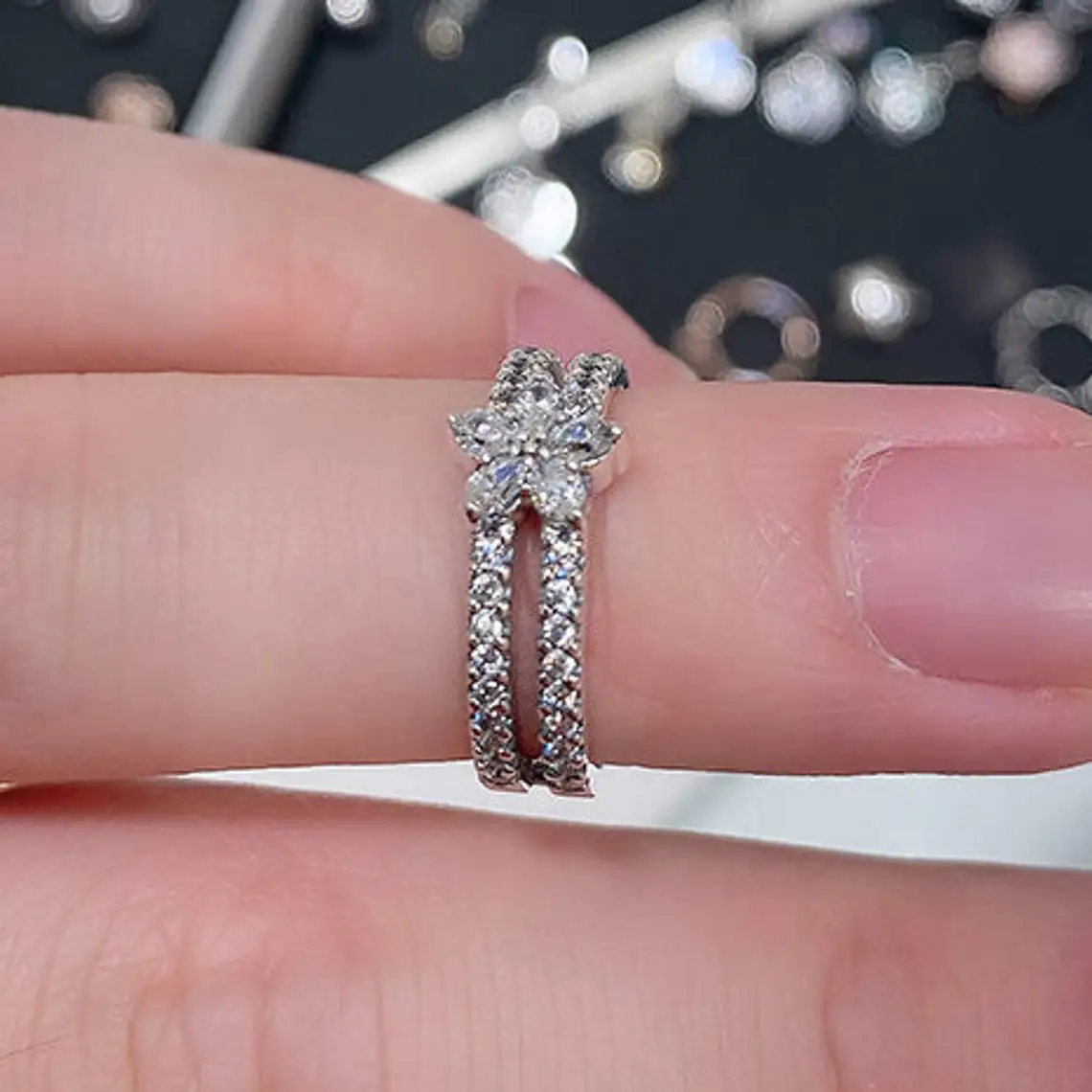 Anillo doble de copo de nieve brillante para mujer, de Plata de Ley 925 con circonita transparente, anillo estilo a la moda|Anillos| - AliExpress