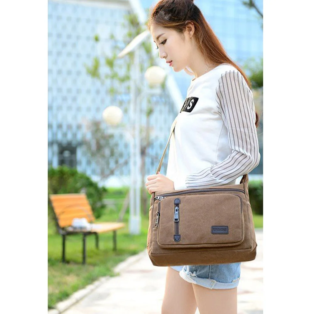 Multi-pocket Men Messenger Bag Single Shoulder Vintage Large Capacity Canvas Adjustable Strap Zipper Closure Travel Riding