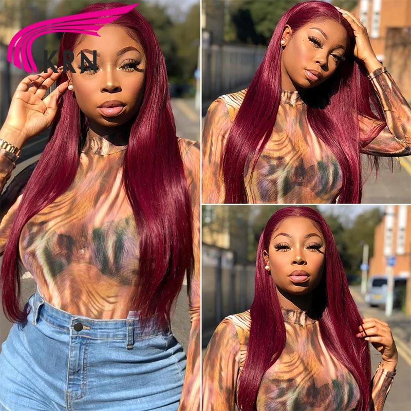 Photo Product #99J Burgundy Lace Part Human Hair Wigs For Women 150% Burgundy Straight Hair Brazilian Remy 13*1 Lace Front Wigs Preplucked
