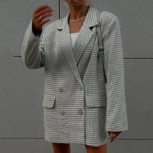 

Holiwind 2021 Stylish Chic Houndstooth Gray Plaid Oversized Suit Women Double Breasted Pockets Long Texture Blazers With Buttons