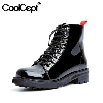 

CoolCept Genuine Leather Woman Ankle Boots Corss Strap Round Toe Square Heel Solid Color Cool Shoes Ladies Footwear Size 34-39