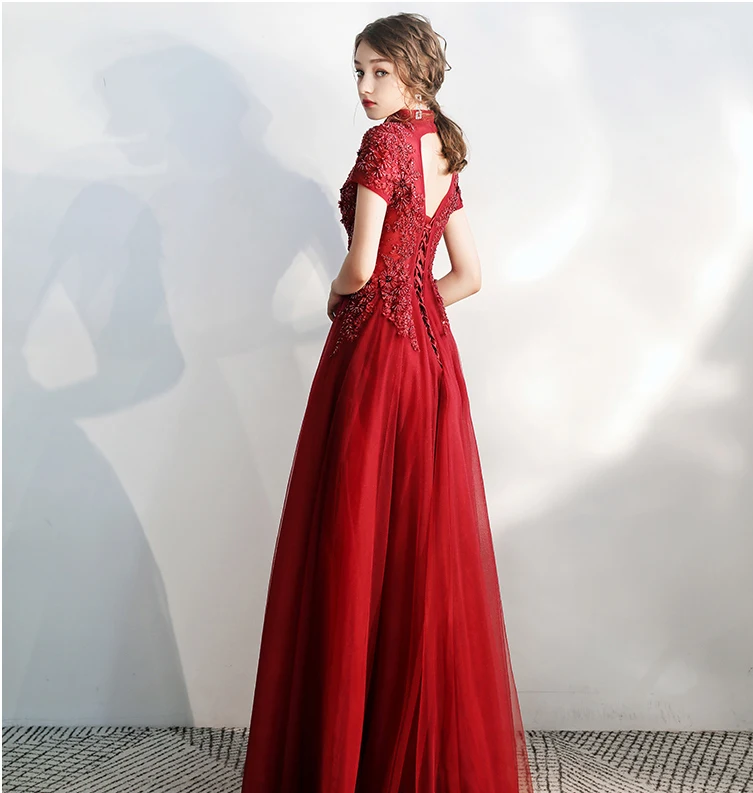 SSYFashion Новые Вечерние платья невесты роскошные бордовые с высоким вырезом Аппликации Короткие рукава, с бисером вечерние платья De Noche