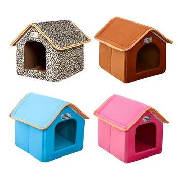 

Pet House Foldable Bed With Mat Soft Winter Leopard Dog Puppy Sofa Cushion House Kennel Nest Dog Cat Bed For Small Medium Dogs A