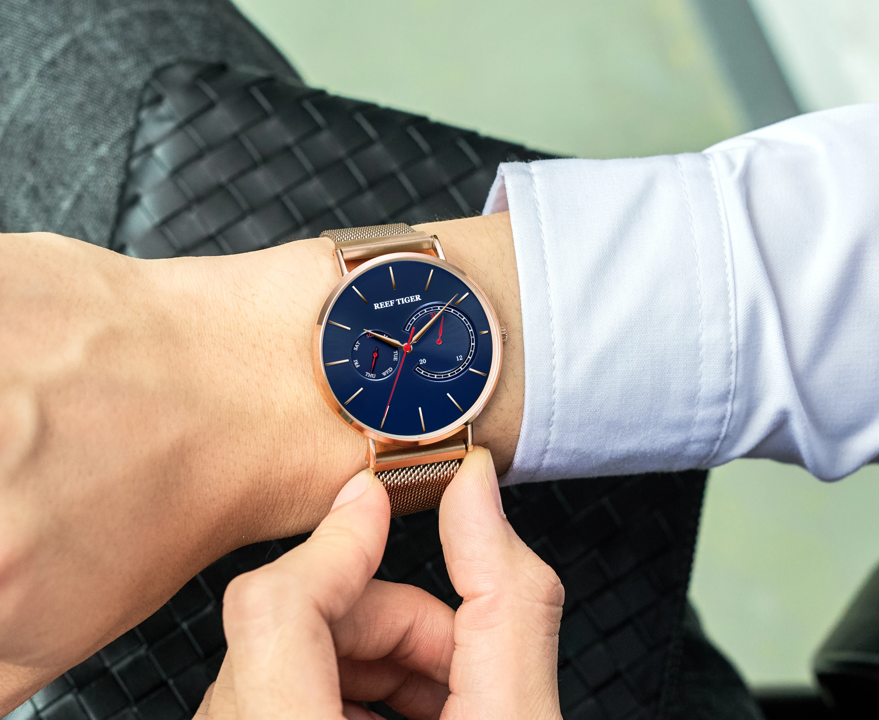 $133.56 New Reef Tiger Luxury Dress Watch Blue Dial Rose Gold Men Quartz Watch Men Steel Watch Rga16