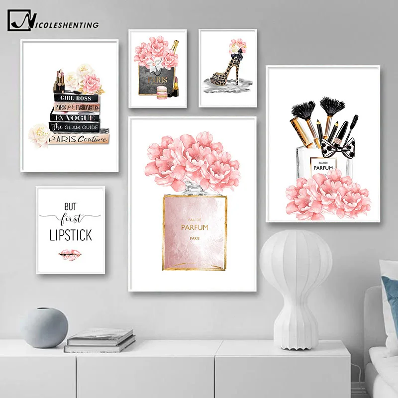 Модный постер для макияжа сумка духов леопардовая обувь холщовая картина модная