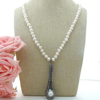 

H011203 37'' White Round Pearl Necklace Keshi Pearl Pendant Trimmed With Black Marcasite