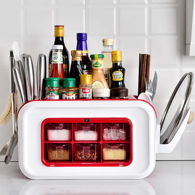 Multi-function Kitchen Organizer Storage Box Pantry Organizer Kitchen Shelf Condiment Box 6 Grids Kitchen Holder With Dust Cover