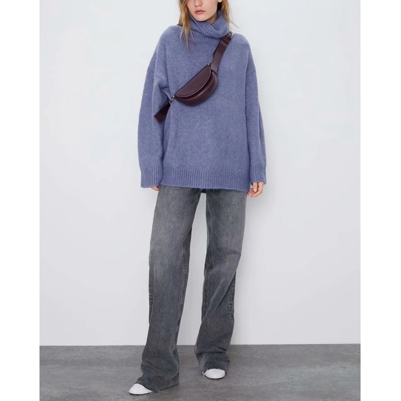 PUWD Осень женский лацкан, длинный рукав, Свободный пуловер Вязанный свитер синий