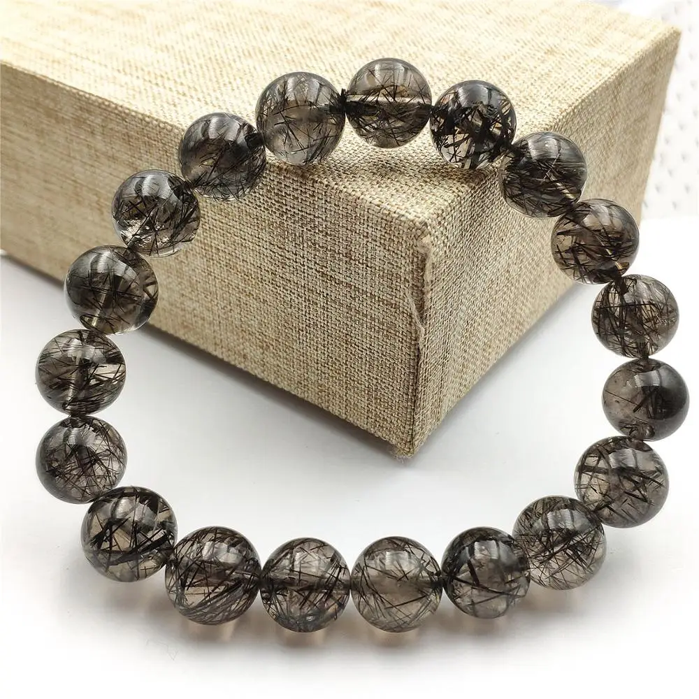

Top Quality Natural Black Rutilated Quartz Crystal Bracelet 10mm Women Men Clear Round Beads Wealthy Stone Brazil AAAAA