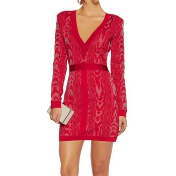 

New Autumn Winter Bandage Dress For Women Sexy Bodycon V Neck Long Sleeve Mini Dresses Runway Party Knitted Vestidos Clubwear