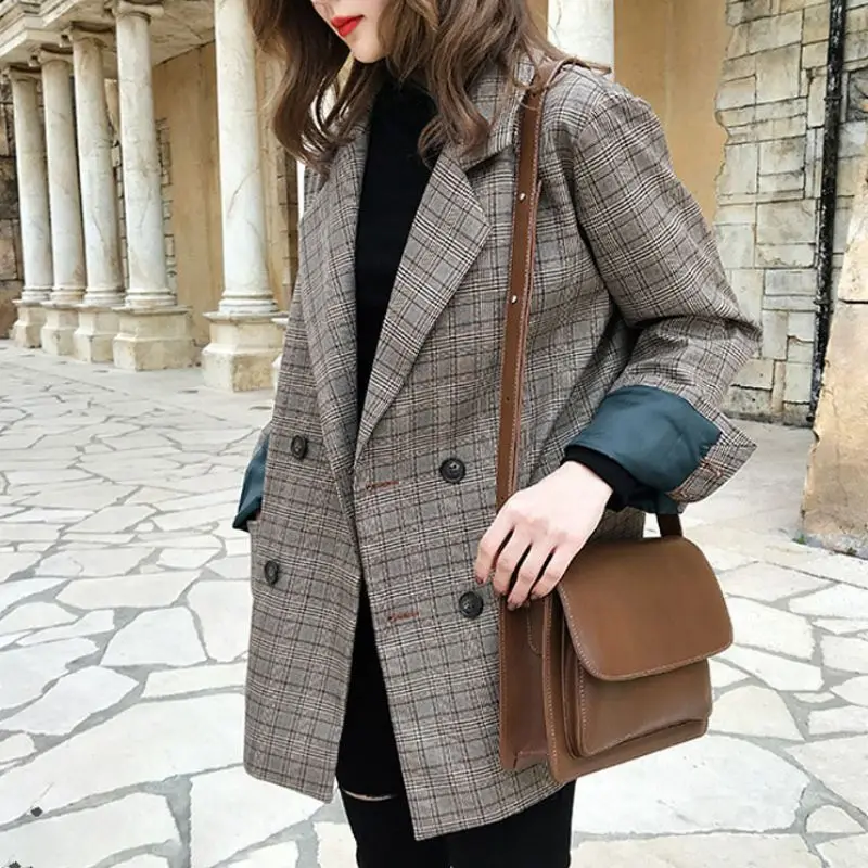 Women Blazer Retro Spring Autumn Plaid Jackets Lapel Casual Long Sleeves Slim Warm Coat British Style Blazer Outwear