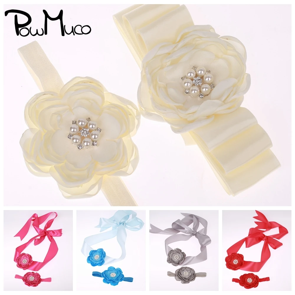 

Powmuco Solid Color Burning Satin Flowers Belt and Hairband Set Shining Pearls Rhinestone Floral Women Sash Maternity Waistband