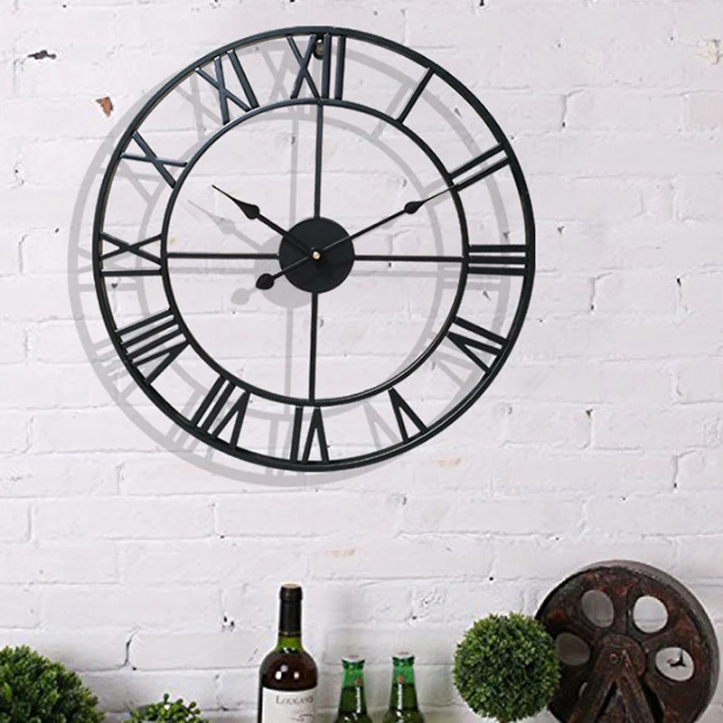 Настенные часы в стиле ретро, Большие 40 см/47 см/60 см, бесшумные металлические большие круглые винтажные настенные часы для гостиной, настенные украшения для хо - Цвет: Black