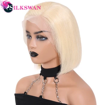 

Silkswan Straight #613 Blonde Bob Wigs Peruvian 100% Remy Human Hair Lace Front Wigs 8-16 Inch 150% Density Honey Blonde