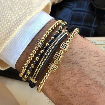 High Quality Stainless Steel Beads CZ Pave Charm Beaded Macrame Adjustable Bracelet Men Women