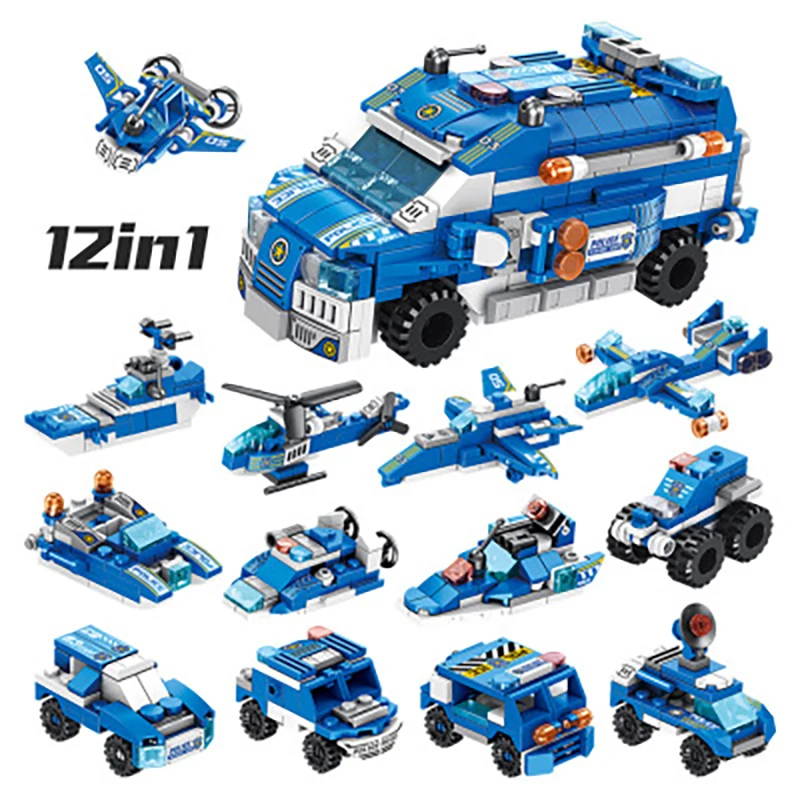 

569pcs 12 In 1 City Police Series Single 1 Change 2 Car Building Block Legoingly Compatible Aircraft Brick Model Children Gifts
