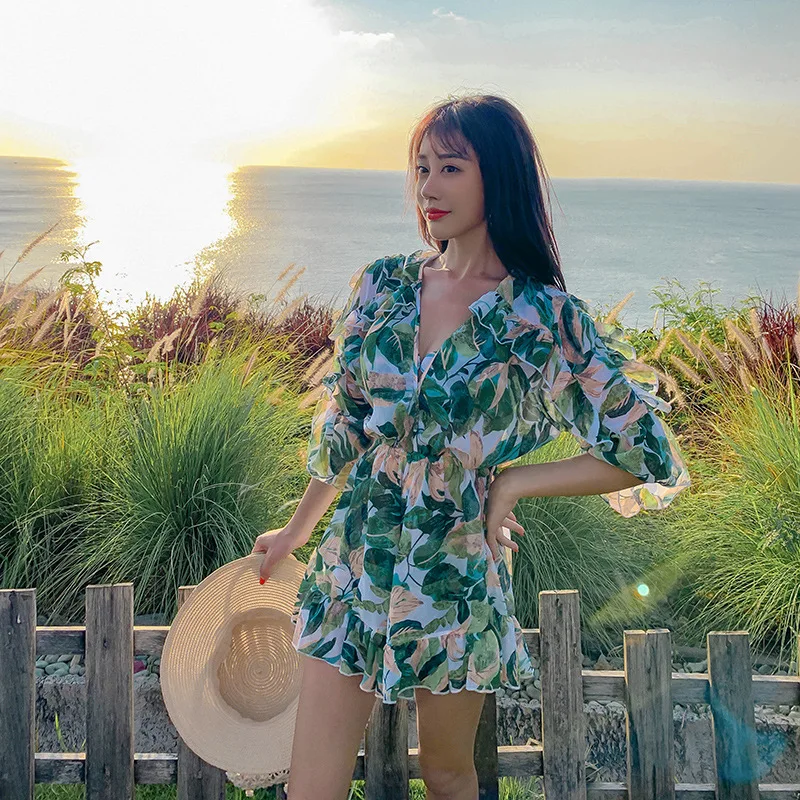 

2020 New Style Online Celebrity-Bathing Suit Women's Three-piece Set Sexy Floral Hipster Conservative Belly Covering Boxer Hot S