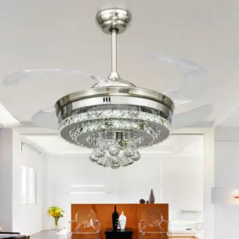 

42 Inch Invisible Crystal Ceiling Fan with LED Light and Remote, 4 Retractable ABS Blades Fan Chandelier for Bedroom Diningroom