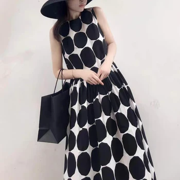 

Spring And Summer New Print Dots Sleeveless Loose Casual Mid-Length Dress Women'S Clothing High-Quality Designer Fashion