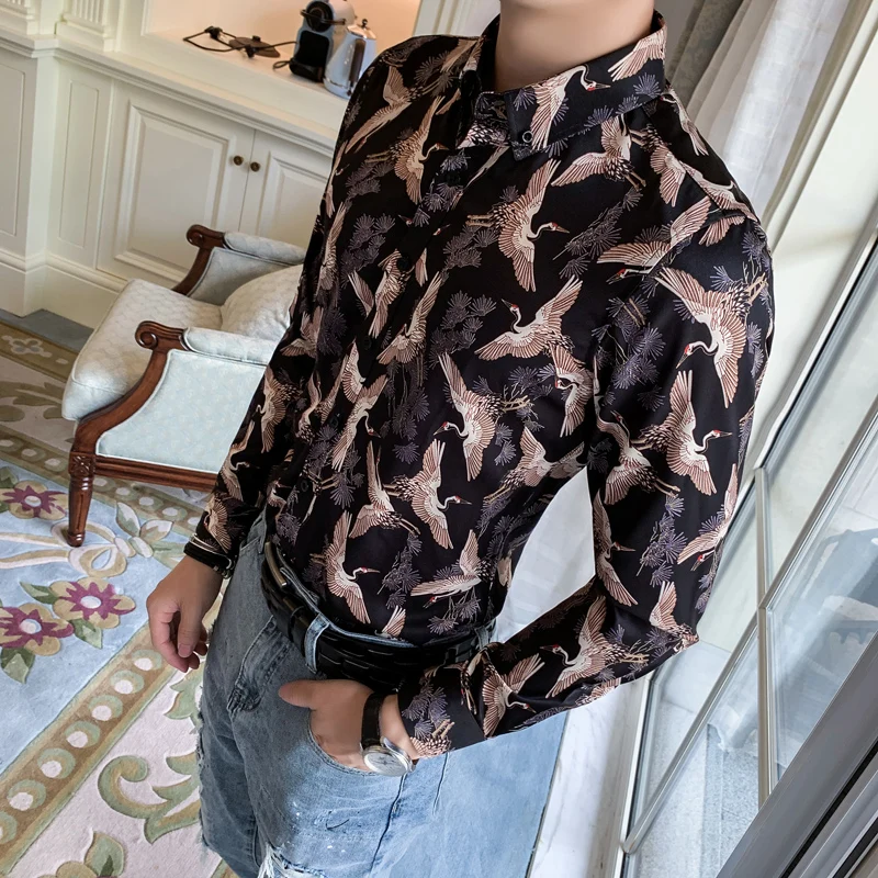 

Fashion 2019 Men Casual Shirts Streetwear Print Tuxedo Shirt Man Long Sleeve All Match Slim Fit Men's Social Shirts High Quality