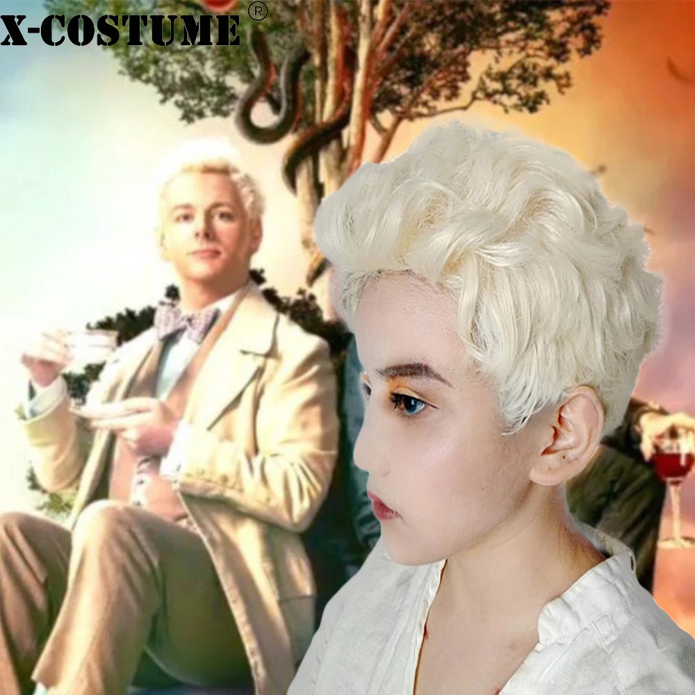 

X-COSTUME Good Omens Angle Aziraphale Cosplay Wig Short Curly Hair Aziraphale Costume Accessories Halloween New Arrivals