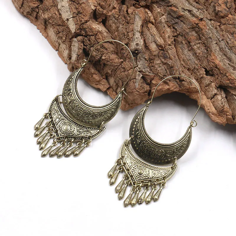 Antique Bronze Богемные этнические сердца Этнический, Ацтеки хиппи серьги-кольца Бохо массивные металлические бусины витые болтающиеся женские украшения, серьги - Окраска металла: Antique Bronze