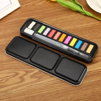 

New 12 Colors Solid Watercolor Paint Set Portable for School Student Drawing Brush Acrylic Art Painting Supplies with Pen Brush