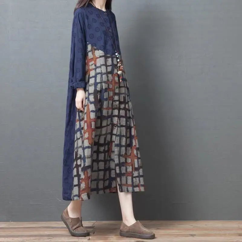 

Johnature Floral Print Loose Comfortable Pockets O-neck Plus Size Dress 2019 Autumn New Fashion Retro Long Sleeve Women Dresses