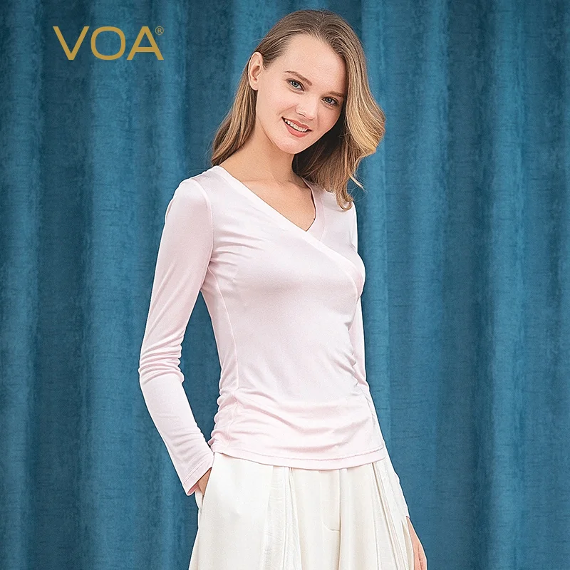 Voa Roze Echte Zijde Breien V-hals Lange Mouw Zijde Sliding Tegen Huid Dun En Ademend Essentiële T-shirt Zomer WomenB9106 Voa Roze Echte Zijde Breien V-hals Lange Mouw Zijde Sliding Tegen Huid Dun En Ademend Essentiële T-shirt Zomer WomenB9106