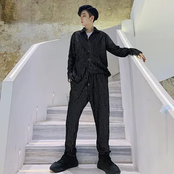 

Men Vintage Fashion Streetwear Hip Hop Loose Stripe Shining Casual Shirt Trouser male 2 Piece Suits Sets (shirt+pant)