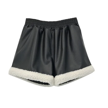 

Cute PU Leather Plush Warm Shorts Women Winter Casual Patchwork Width-Leg Shorts Female Sexy High Waist Short Pants Streetwear