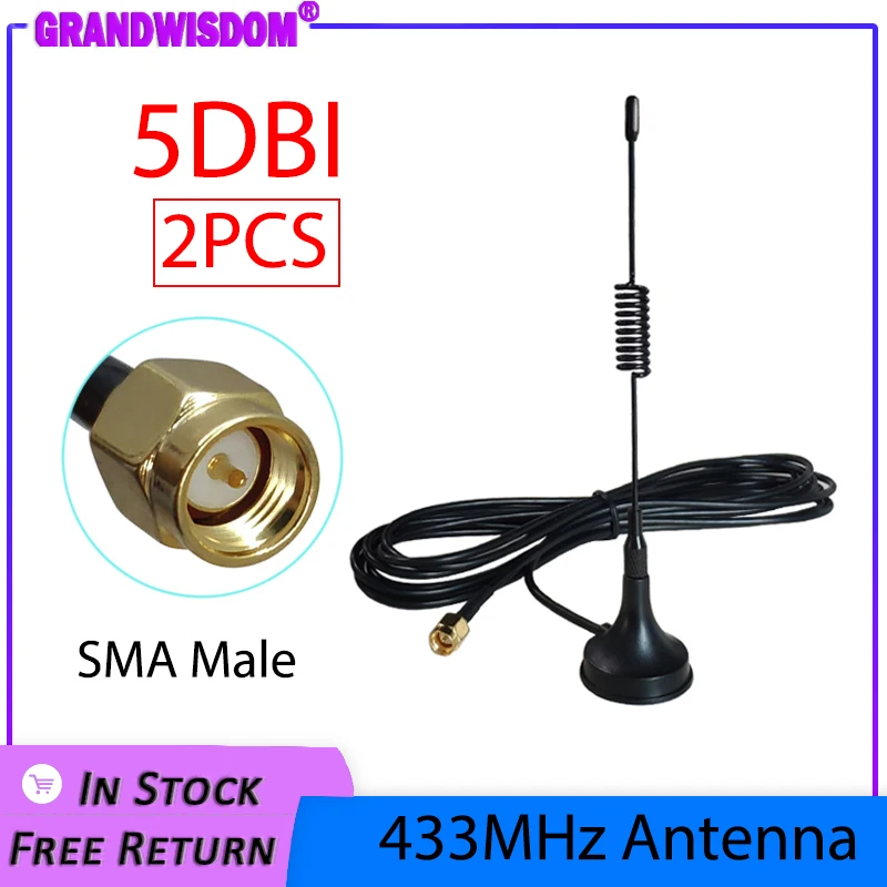 2pcs 5dbi 433Mhz Antenna 433 MHz antena GSM SMA Male Connector with Magnetic base IOT Ham Radio Signal Booster Wireless Repeater eoth 433mhz antenna lora 5dbi gsm 433 mhz connector rubber 433m lorawan ipex 1 iot sma male female extension cord pigtail